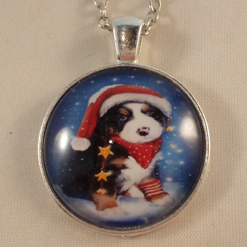 Silver Puppy Dog Santa Hat Star Snow Cabochon Pendant Necklace 20" Gift